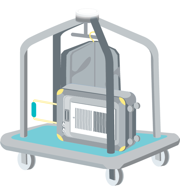 Illustration of a hotel luggage cart with a suitcase that is also a HVAC vent.